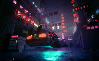 Futuristic city neon lights man - synthwave free wallpaper