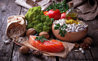 Wooden bowl fish nuts broccoli - broccoli free wallpaper