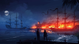 Burning ship ocean full moon - a painting of a ship free wallpaper