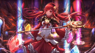 Red dress woman sword shield - a red hair free wallpaper