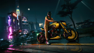 Man motorcycle city neon night - cyberpunk free wallpaper