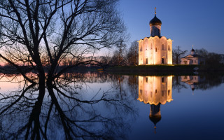 Church reflection autumn magic realism - a tower and a clock free wallpaper