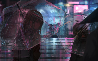 Rainy cyberpunk umbrella night neon - neon free wallpaper for desktop