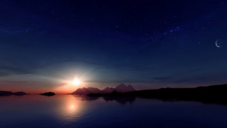 Sunset lake mountains crescent moon - a beautiful sunset over a lake free wallpaper