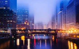 Cityscape bridge river night fog - the air above free wallpaper for desktop