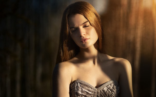 Redhair silverdress posing closedeyes artportrait - a silver dress free wallpaper