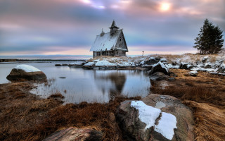 Church rocky shore lake cloudy - a church free wallpaper
