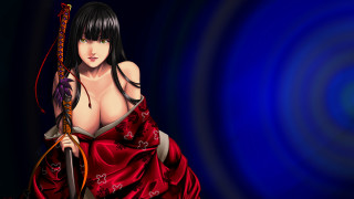 Woman red dress tennis racket - a blue background behind her free wallpaper