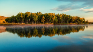 Lake trees hill blue sky - tree and a hill in the background free wallpaper