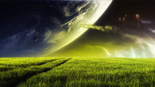 Green field planet clouds moon - a distant planet in the distance free wallpaper