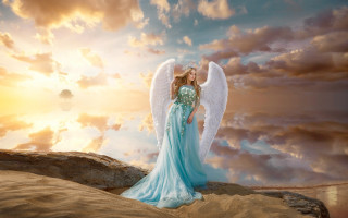 Angel wings beach sunset fantasy - matte fantasy painting free wallpaper
