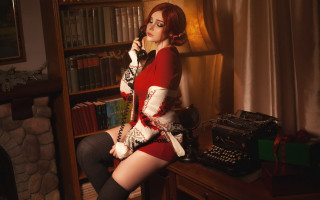 Woman red dress sitting library - cosplay free wallpaper