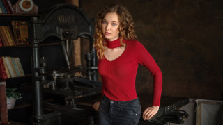 Woman red sweater bookcase clock - a red sweater free wallpaper