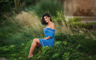 Woman blue dress field sitting - ayshia taşkın free wallpaper