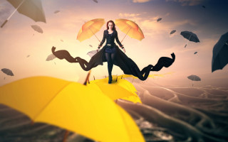 Woman umbrella fantasy sunset bird - her arm free wallpaper for desktop