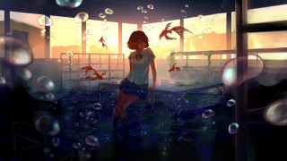 Woman bubbles birds impressionism anime - cyril rolando free wallpaper