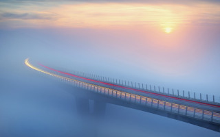 Bridge red light foggy sunset - free airplane wallpaper