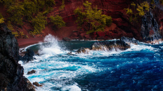 Rocky cliff water trees red - the cliff free wallpaper