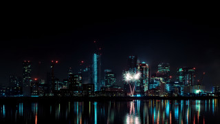City skyline fireworks reflection nightscape - christopher wren free wallpaper
