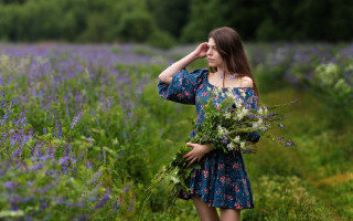 Flower field woman blue dress 2 - anna hotchkis free wallpaper for desktop