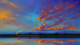 Train water clouds autumn sunset - chris moore free wallpaper