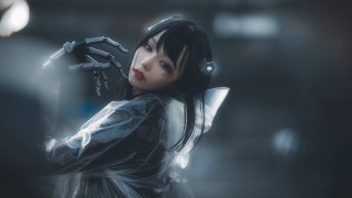 Woman headphones black jacket cyberpunk - headphone free wallpaper