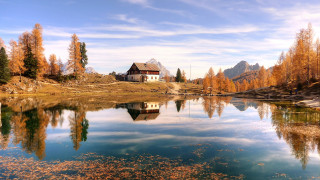 House hill lake mountain autumn - a house free wallpaper