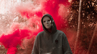 Masked man red smoke autumn - red smoke free wallpaper
