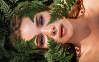 Blue eyes girl leaves ferns - facial feature free wallpaper