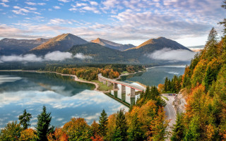 Scenic bridge lake mountains trees - scenic free wallpaper for desktop