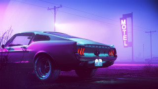 Purple car motel sign foggy - outrun free wallpaper for desktop
