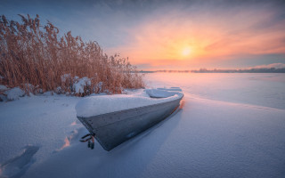 Snowy boat bush water dusk - artur tarnowski free wallpaper