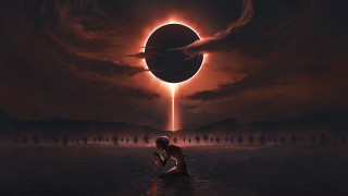 Woman kneeling giant object sky - art greg rutkowski free wallpaper