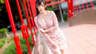 Woman pink dress red fence - du qiong free wallpaper