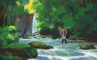 Woman surfboard river waterfall forest - plein air free wallpaper