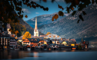 Autumn lake town church mountains - a town free wallpaper