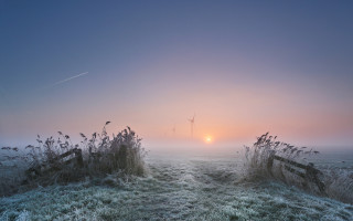 Foggy field windmill sunset lake - a foggy field free wallpaper