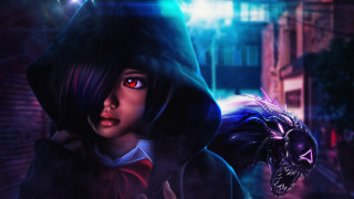 Creepy girl hoodie city street - a hoodie free wallpaper