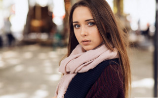 Woman scarf serious portrait bokeh - a scarf free wallpaper