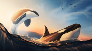 Dolphins birds ocean beach sunset - ocean free wallpaper for desktop