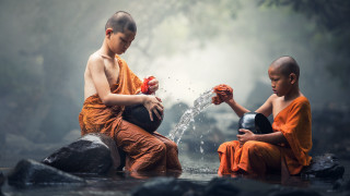 Two monks playing water bald - a ball free wallpaper