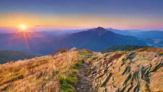 Mountain trail sunset lake cityscape - a trail free wallpaper