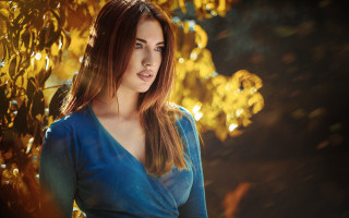 Woman blue dress tree autumn - andor basch free wallpaper