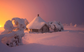Snowy house sunset trees winter - small free wallpaper