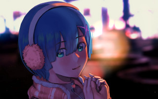 Blue hair girl city ears - soft free wallpaper for desktop