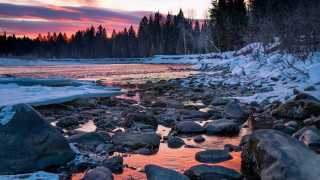 River rocks snow trees sunset - river free wallpaper for desktop