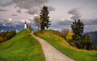 Church hill path forest clouds - a church free wallpaper