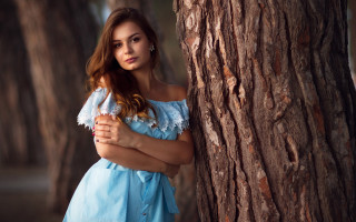 Woman blue dress forest portrait - leaning free wallpaper for desktop