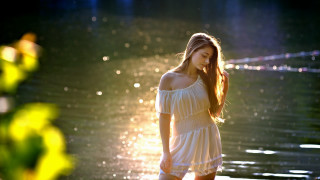 Woman water white dress bokeh - her pocket free wallpaper