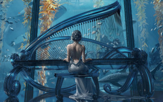 Woman sitting sea life fantasy - fish and corals free wallpaper